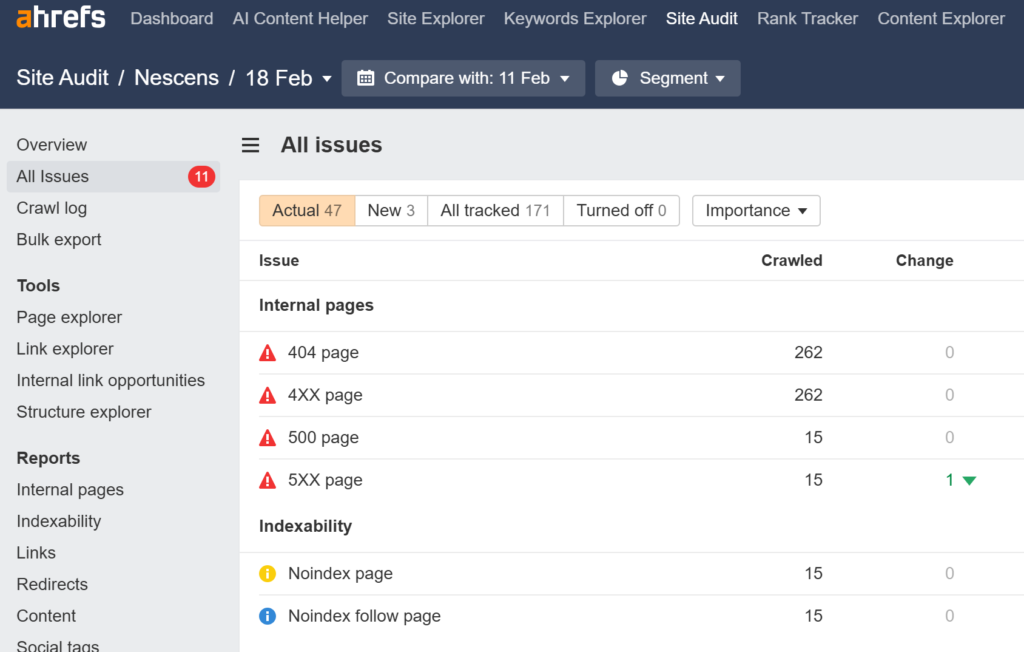 audit de site SEO dans ahrefs