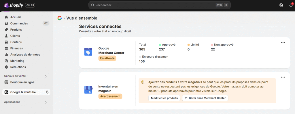 intégration de google merchant center sur shopify